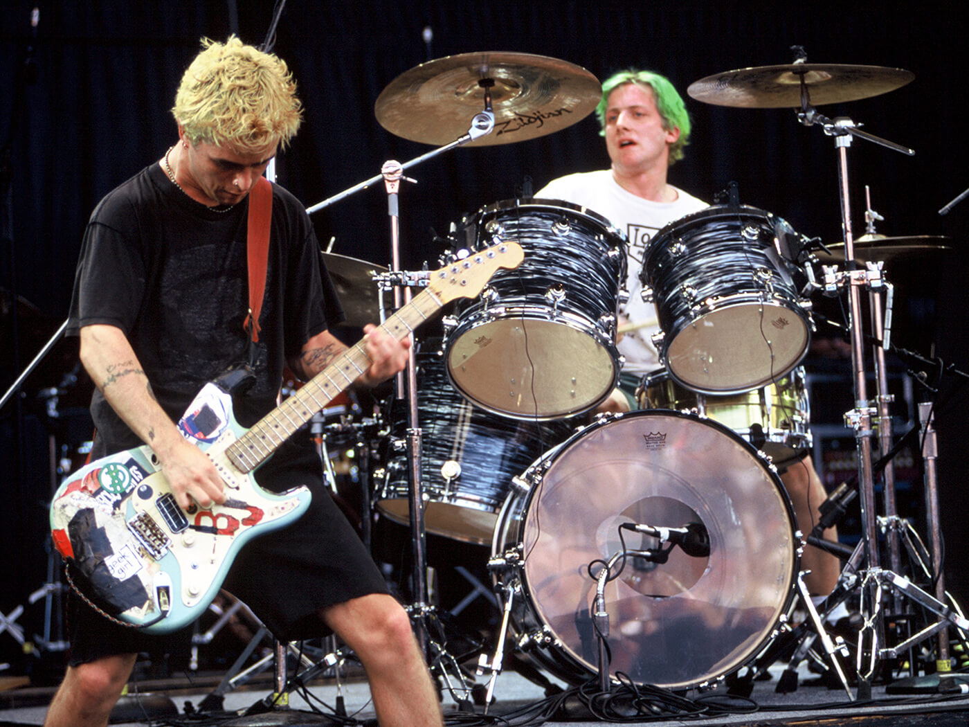 Billie Joe Armstrong and Al Sobrante of Green Day performing at Live 105's BFD in 1994 by Tim Mosenfelder/Getty Images