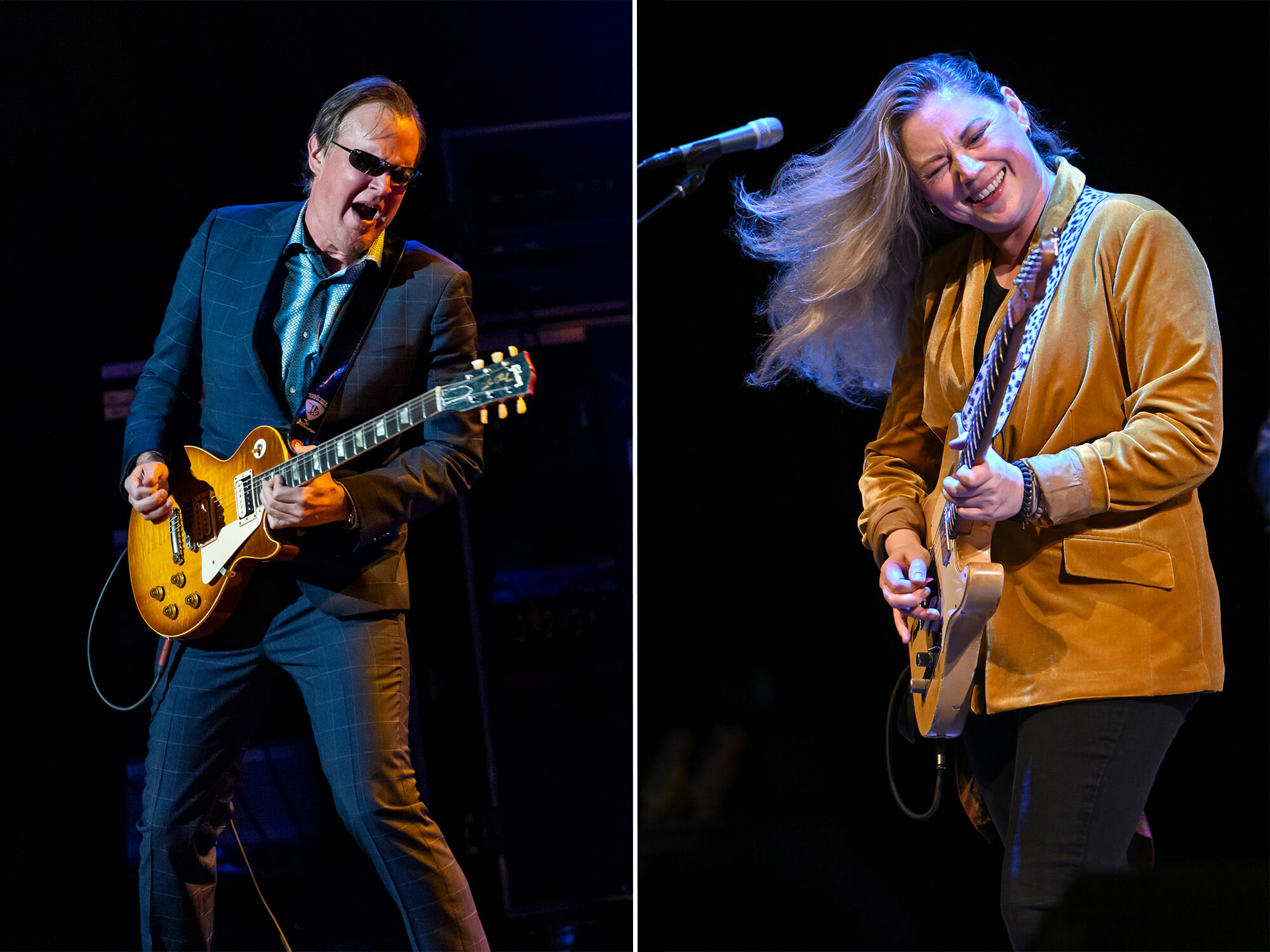 (Left) Joe Bonamassa playing a Les Paul. He wears a suit and sunglasses. (Right) Joanne Shaw Taylor playing her Telecaster. She is flipping her long, blonde hair and wears a golden-coloured blazer jacket.